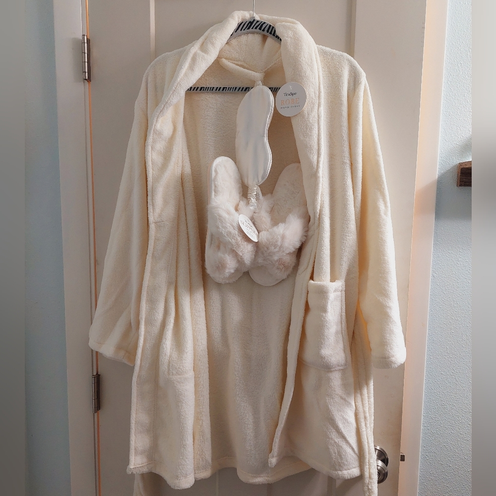 Soft robe, slippers and sleep mask
